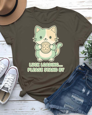 Luck Loading St. Patrick's Day Tee with spinning clover wheel on model