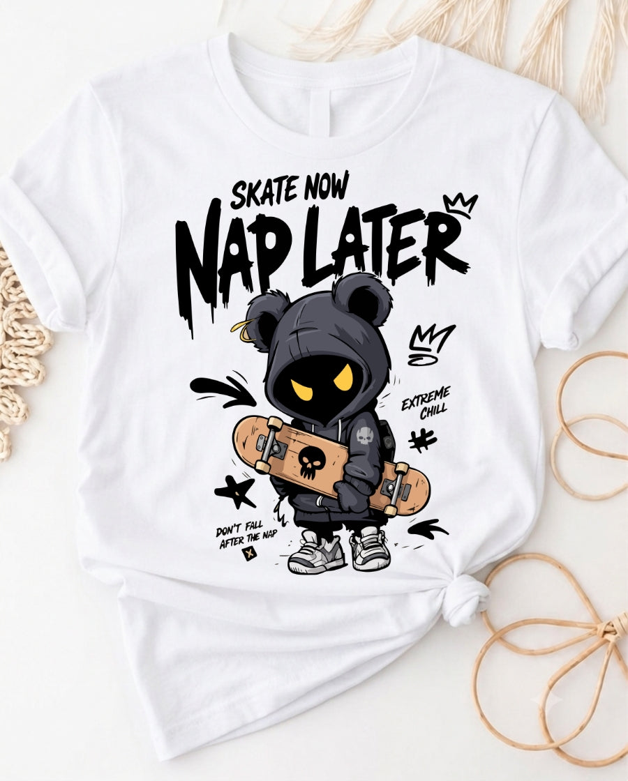 Skater grim bear graphic t-shirt with cute edgy skateboard bear design