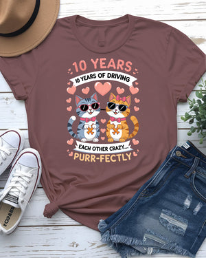 Ten Years Driving Each Other Funny Unisex Tee – Anniversary humor t-shirt for couples with sarcastic graphic text by Memez Store