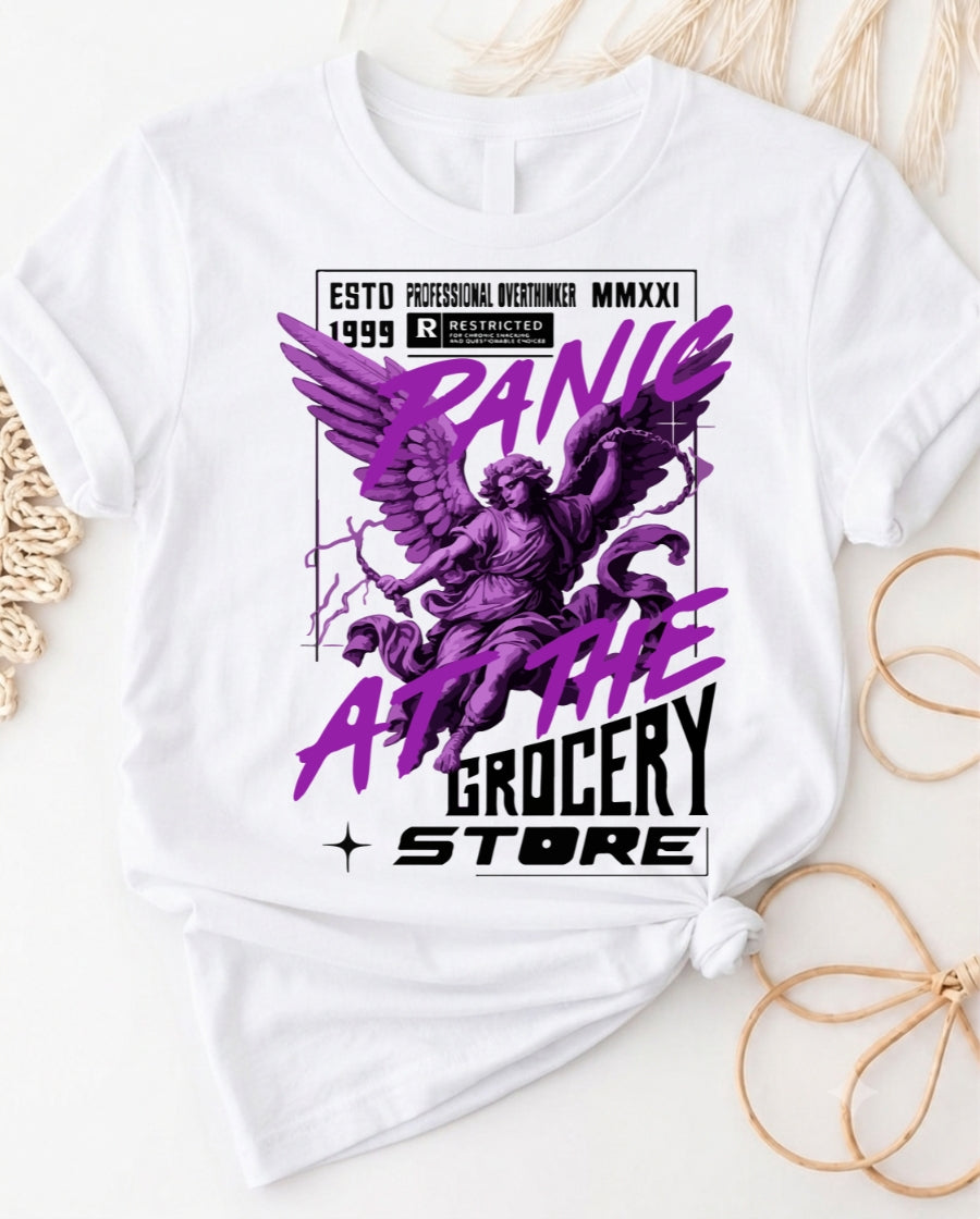 Panic attack purple angel streetwear graphic t-shirt with haunting winged design