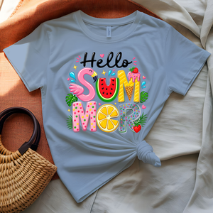 Hello Summer Tee with tropical leaves and floral design