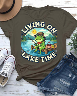 Living on lake time tee pine trees sunset graphic