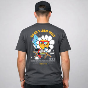 Good Vibes Streetwear Tee with radiating sun design on model