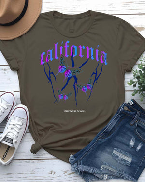 California Streetwear Urban Style Tee with bear and palm trees on model