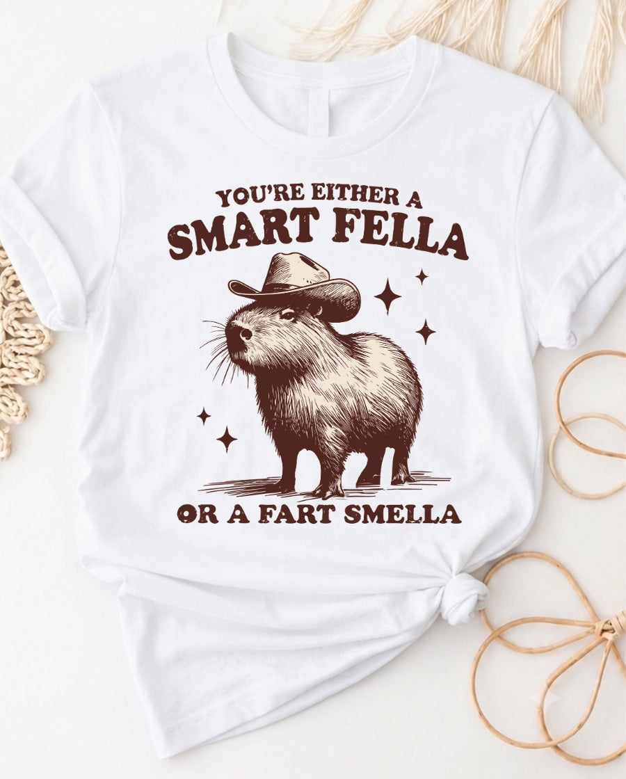 Smart fella or fart smella cowboy capybara t-shirt with funny meme design