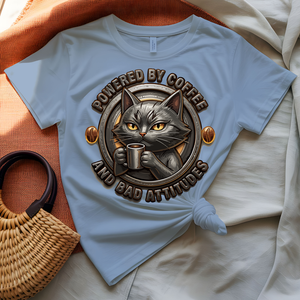 Powered by Coffee and Bad Attitude tee with bold typography