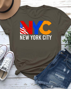 NYC Streetwear T-Shirt with geometric five boroughs map on model