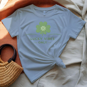 Lucky vibes only tee four leaf clover script design