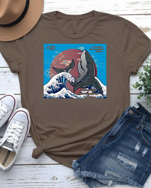 Whale Streetwear Tee with breaching humpback and geometric wave on model