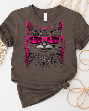 Neon cool cat with pink sunglasses graphic t-shirt featuring a stylish feline in retro design