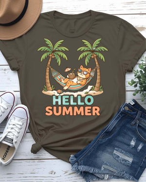 Hello cat summer tee waving kitty sunshine graphic