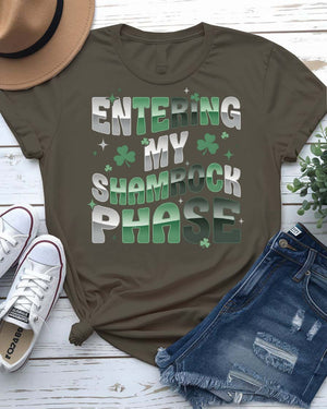 Entering My Shamrok Phase T-Shirt with geometric phasing shamrock on model
