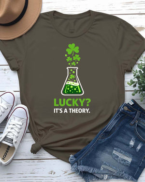 Lucky Its a Theory St. Patrick's Day Tee with scientific clover experiment on model