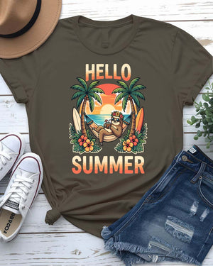 Hello summer tee smiling sun graphic front view
