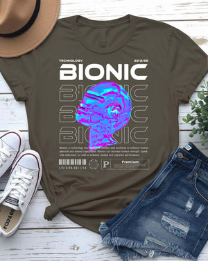 Bionic Streetwear Tee with cybernetic human silhouette on model