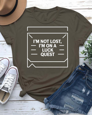 I Am Not Lost I'm on a Luck Quest St. Patrick's Tee with treasure map design on model
