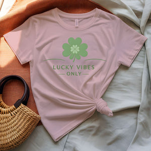 Lucky vibes only tee four leaf clover script design
