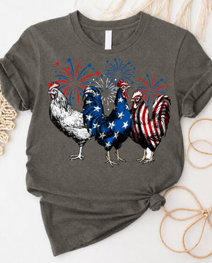 Red White and Blue Chicken 4th of July Tee with patriotic poultry design