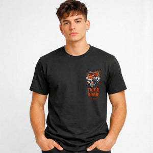 Tiger Roar Streetwear Tee with visible sound waves from roaring tiger on model