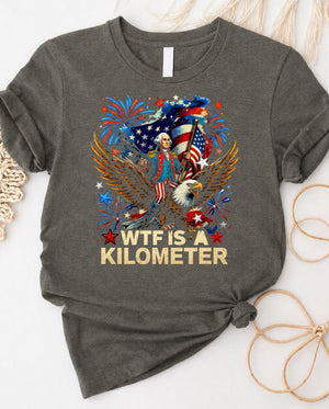 WTF is a Kilometer t-shirt featuring confused George Washington