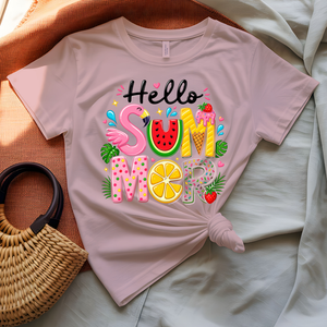 Hello Summer Tee with tropical leaves and floral design