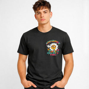 Good Vibes Streetwear Tee with radiating sun design on model
