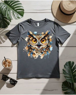Golden gaze owl tee glowing golden eyes moonlit branch