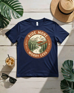 Ride more worry less tee motorcycle sunset highway graphic