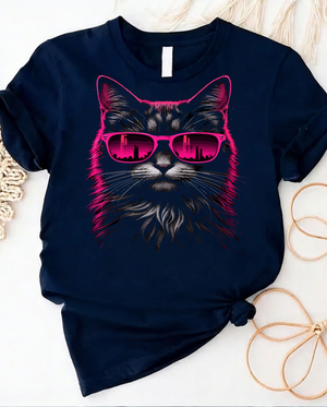 Neon cool cat with pink sunglasses graphic t-shirt featuring a stylish feline in retro design