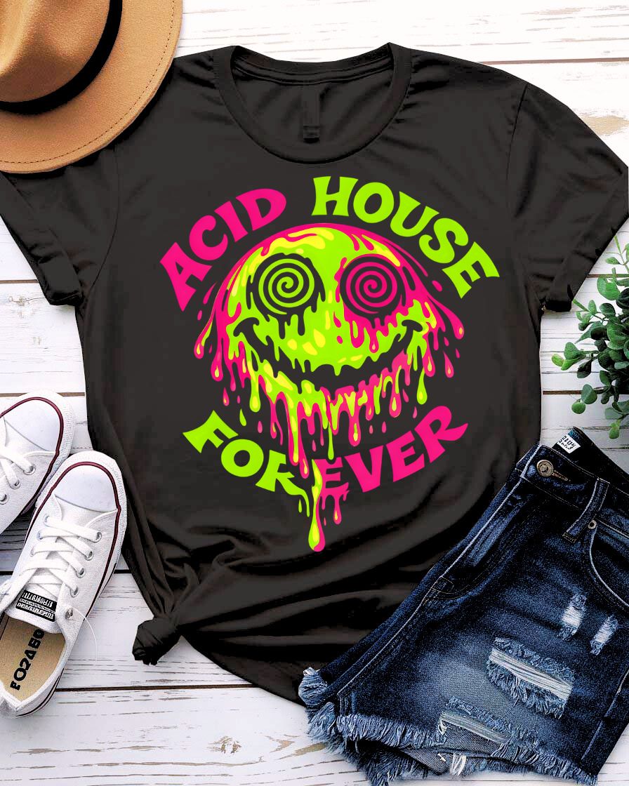 Acid House Forever retro graphic t-shirt with classic smiley face design