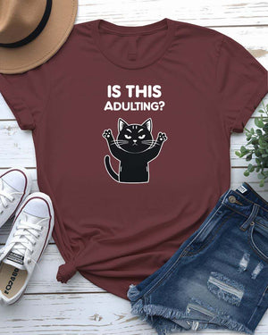 “Adulting Cat Tee – Funny Cat Meme T Shirt by Memez Store”