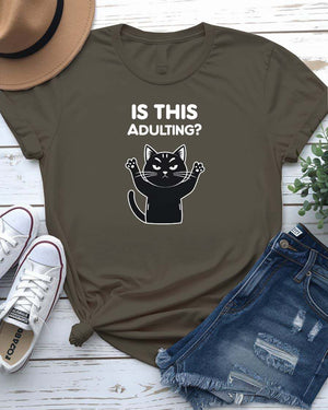 “Adulting Cat Tee – Funny Cat Meme T Shirt by Memez Store”