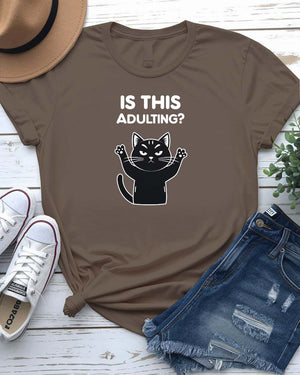 “Adulting Cat Tee – Funny Cat Meme T Shirt by Memez Store”