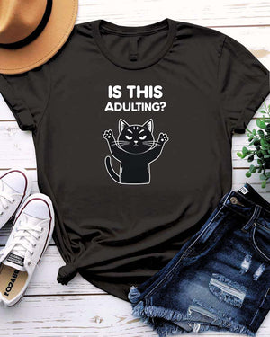“Adulting Cat Tee – Funny Cat Meme T Shirt by Memez Store”
