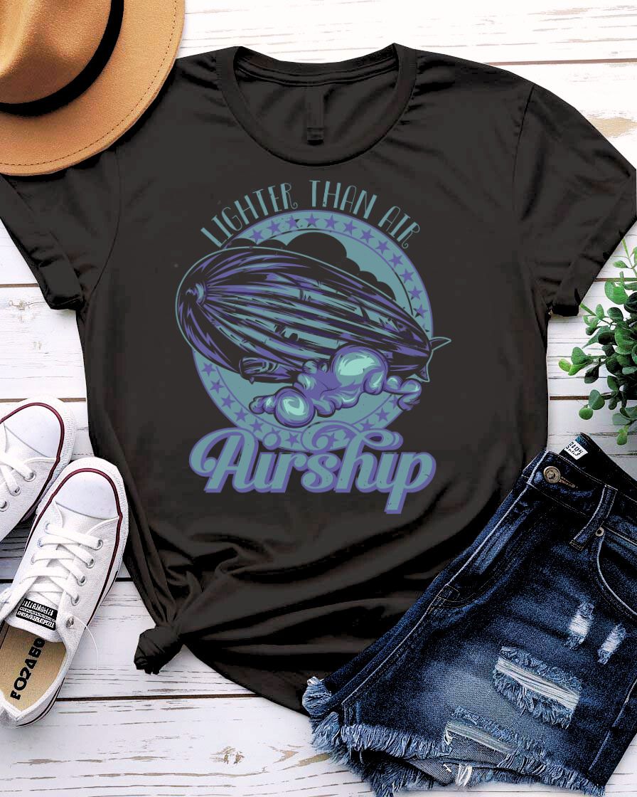 Air Ship Tee with vintage zeppelin drifting through clouds on model