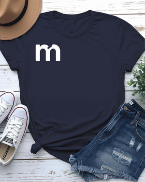 Alphabetical Letter M Funny Typographical Tee displayed on unisex t-shirt