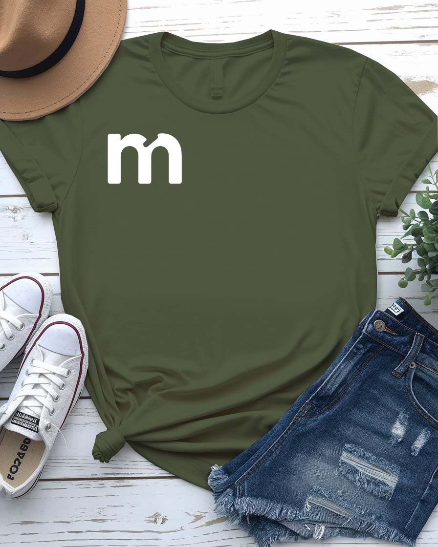 Alphabetical Letter M Funny Typographical Tee displayed on unisex t-shirt