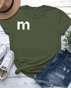 Alphabetical Letter M Funny Typographical Tee displayed on unisex t-shirt