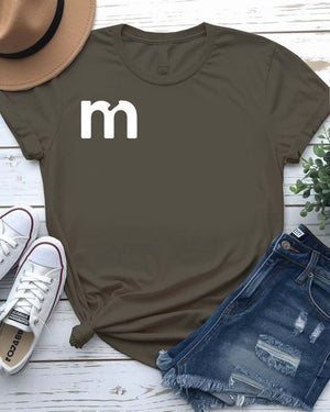 Alphabetical Letter M Funny Typographical Tee displayed on unisex t-shirt