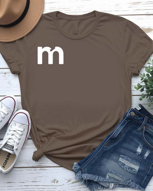 Alphabetical Letter M Funny Typographical Tee displayed on unisex t-shirt