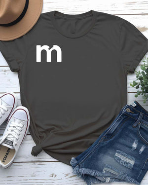 Alphabetical Letter M Funny Typographical Tee displayed on unisex t-shirt