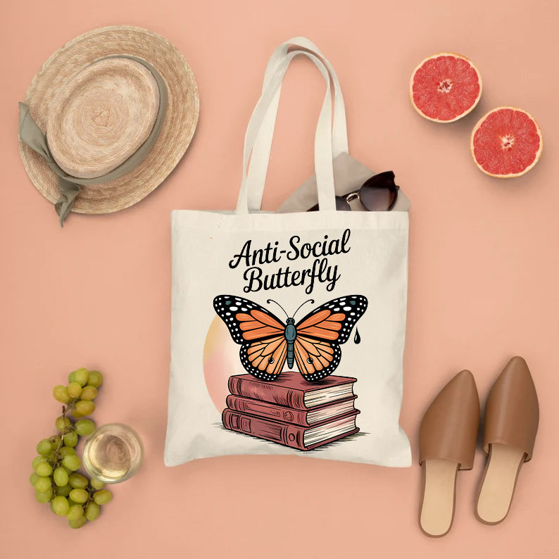 Anti Social Butterfly funny tote bag for introverts with butterfly art and sarcastic text â Memez Store eco canvas bag