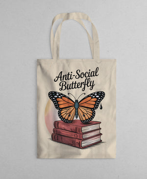 Anti Social Butterfly funny tote bag for introverts with butterfly art and sarcastic text – Memez Store eco canvas bag