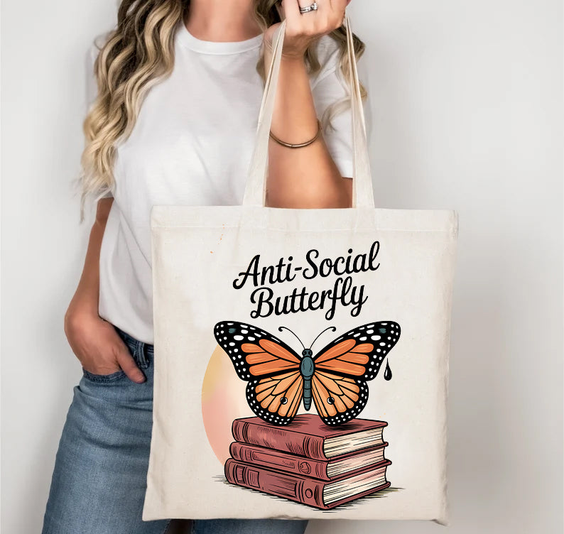 Anti Social Butterfly funny tote bag for introverts with butterfly art and sarcastic text – Memez Store eco canvas bag