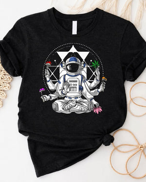 Astronaut in yoga space lover's tee with astronaut doing yoga in space graphic