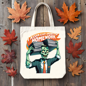 Back to School and Halloween Tote Bag with funny meme design, cotton canvas for books or candy – from Memez Store.