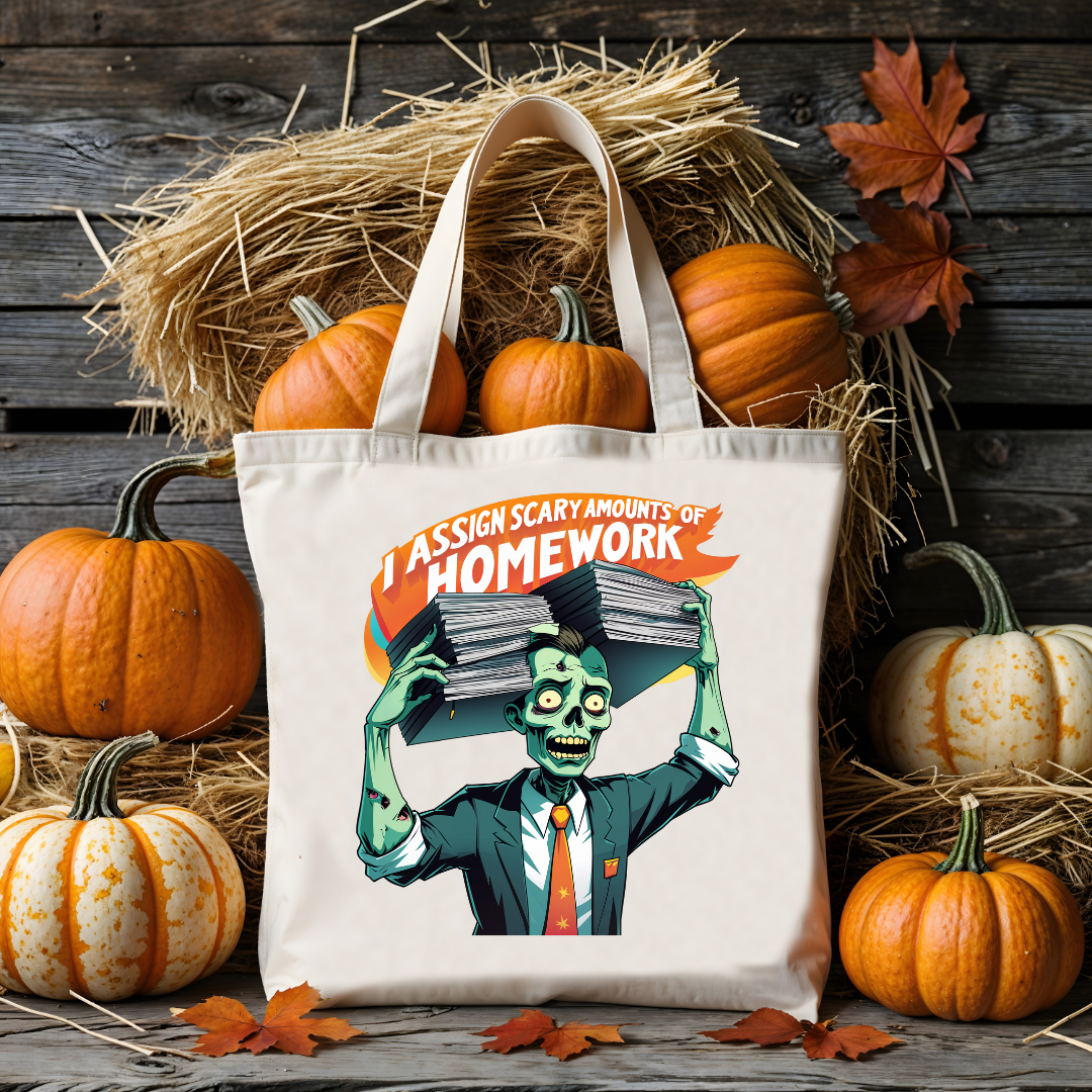Back to School and Halloween Tote Bag with funny meme design, cotton canvas for books or candy – from Memez Store.