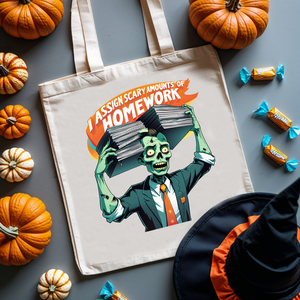 Back to School and Halloween Tote Bag with funny meme design, cotton canvas for books or candy – from Memez Store.