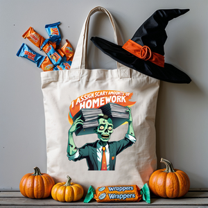 Back to School and Halloween Tote Bag with funny meme design, cotton canvas for books or candy – from Memez Store.
