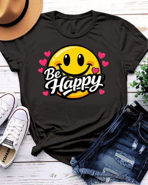 Be happy design tee smiling sun cheerful lettering graphic